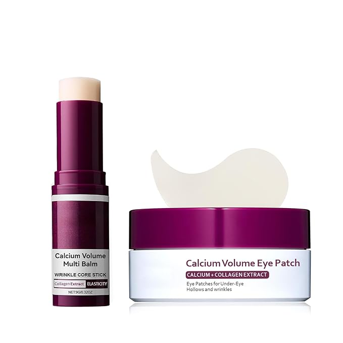 Calcium Volume Eye Care Set: Multi Balm Stick (9g) & Collagen Hydrogel eye Patches (60ea/30 Pairs). Deep Hydration, Wrinkle Smoothing, Elasticity Boosting, for Under-Eye Hollows & Skin Nourishing