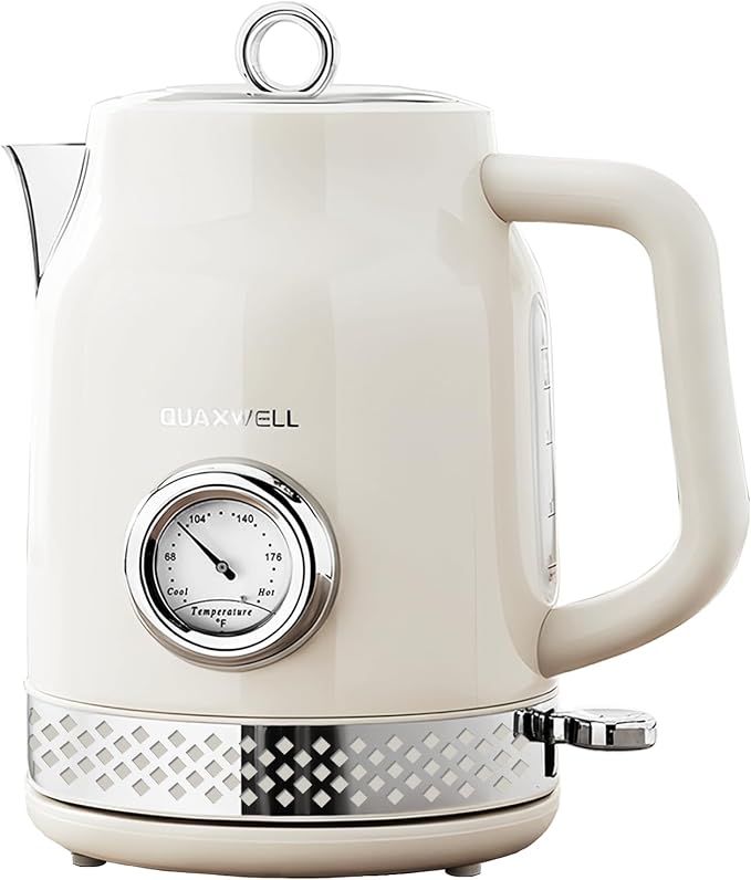 Retro Electric Kettle, 1.7L 304 Stainless Steel Tea Kettle with Temperature Gauge, 1500W Fast Boiling Water Boiler,Auto Shut-Off & Boil-Dry Protection, BPA-Free (Off-white)