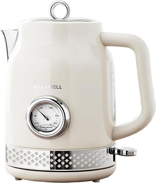 Retro Electric Kettle, 1.7L 304 Stainless Steel Tea Kettle with Temperature Gauge, 1500W Fast Boiling Water Boiler,Auto Shut-Off & Boil-Dry Protection, BPA-Free (Off-white)