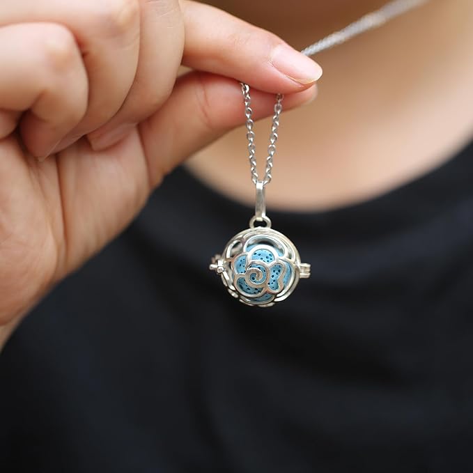 2PCS Essential Oil Diffuser Necklace Aromatherapy Lava Bead Stone Little Love Heart and Hollow Ball Locket Necklace Pendant with for Women