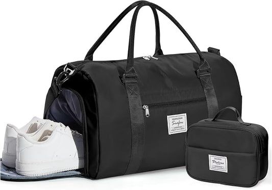 Gym Bag Womens Mens with Shoes Compartment and Wet Pocket Travel Duffel Bag for Women for Plane Sport Gym Tote Bags with Toiletry Bag Waterproof Weekend Overnight Carry on Bag Hospital Holdalls