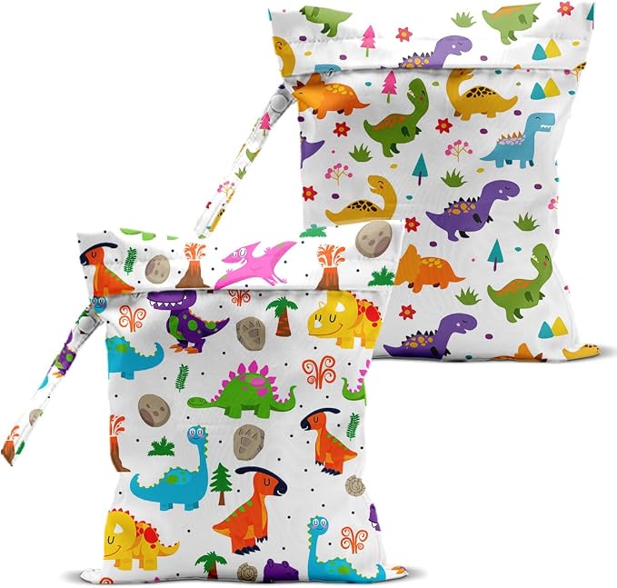 2 PCS Dinosaur Style Travel Laundry Bags 12x10 Inch, Waterproof Reusable Wet Bag with Handle, Wet Dry Bag for Swimsuit Travel Beach Pool Diapers Dirty Yoga Gym Clothes Stroller Toiletries