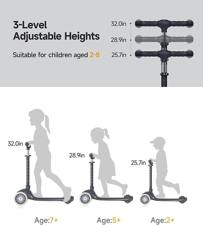 Kids Scooter, 3 Wheel Kick Scooter for Toddlers with Light Up Wheels, Lean-to-Steer Design, Adjustable Height Handlebar, Anti-Slip Deck, Ages 2–8