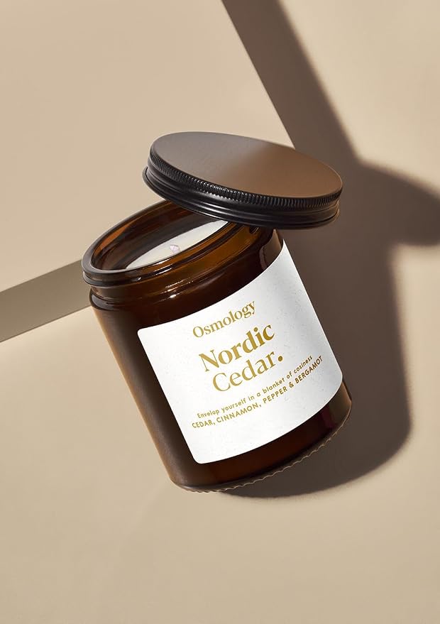 Osmology Nordic Cedar Aromatherapy Candle – Cedarwood, Cinnamon & Bergamot Scented Candle, Plant-Based Wax in Amber Apothecary Jar, 7 oz, 50 Hour Burn Time, Warm & Cozy Candle