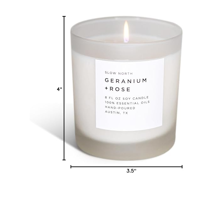 Slow North Geranium + Rose Candle - Essential Oils and Pure Soy Wax Candle in a Reusable Frosted Glass Jar - A Unique Scented Candle Hand-Poured in the USA (8 oz)