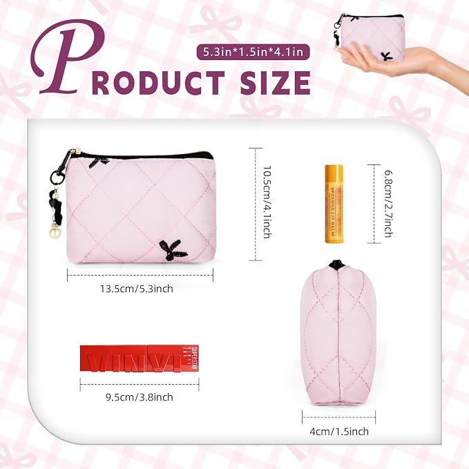 Mini Makeup Bag, Small Bow Tie Cosmetic Bag for Purse with Keychain, Portable XS Travel Makeup Pouch for Daily Use (Pink-Black Bow Tie)