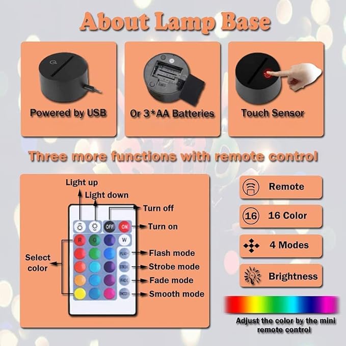 3D Illusion Night Light, 16 Color Night Light - 3D LED Intelligent Remote Control Lamp for Children's Room Decoration and Children's Gifts