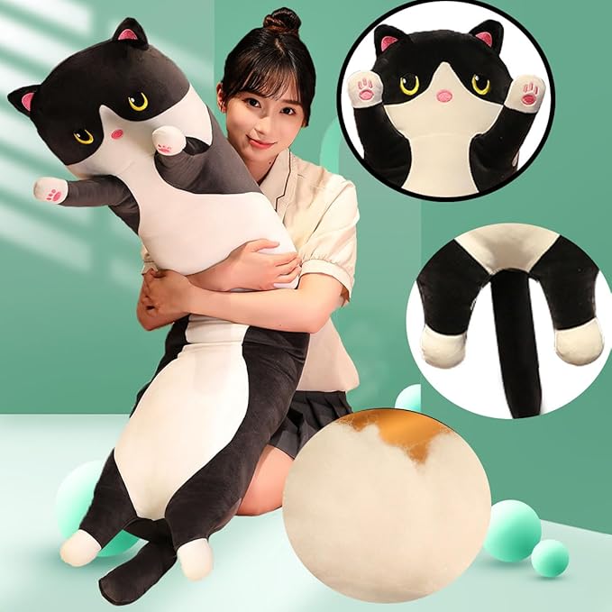 Black Cat Long Plush Pillow Kitty Stuffed Animals Soft Sleeping Throw Pillow Doll Toy Gift(Black,18inches)