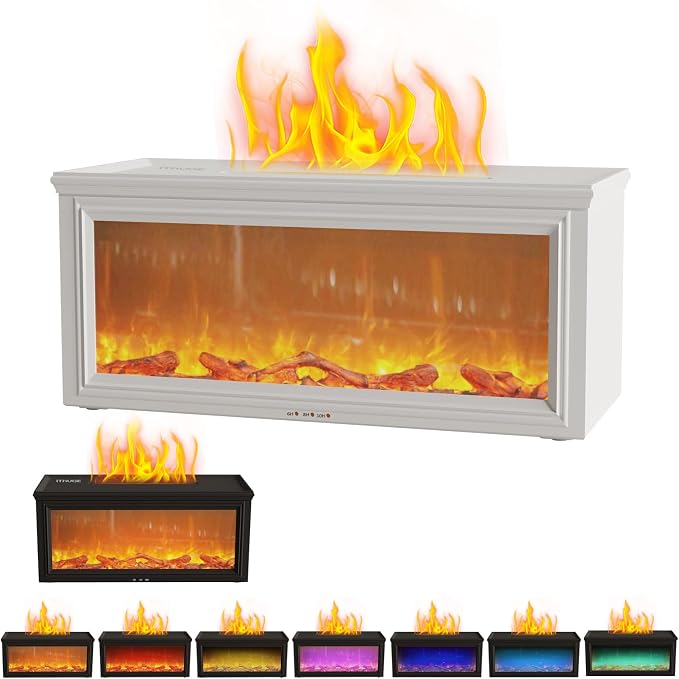 Fireplace Flame Essential Oil Diffuser, 280ml Aromatherapy Humidifier with Remote Control, 7 Color LED Lights, Ultrasonic Aroma Diffuser for Home Bedroom Office Yoga Spa, White