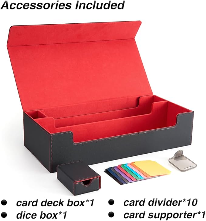 Venssu MTG Deck Box Holds 5 Display Card Deck Boxes with Playmat and Dice Box,Includes 10 colorful dividers and 1 card supporter, Trading Card Storage Box For Magic Game Cards (Black and Red)