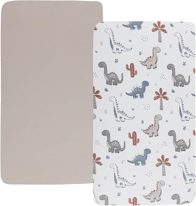 Pack n Play Sheet Stretchy Fitted Portable Mini Crib Sheets Set 2 Pack,Playard Sheets Convertible Playard Mattress Cover,Ultra Soft Jersey Material, Cream & Dinosuar
