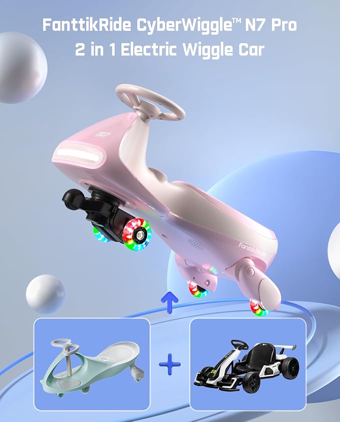 FanttikRide N7 Pro Electric Wiggle Car, Rechargeable Battery, CyberWiggle, 2 in 1 Swing Car, 2 Speeds Max 4 Mph, Anti-Rollover, Flashing Wheels, Bluetooth, for Ages 3 and Up, 150 Lbs,Pinkish White