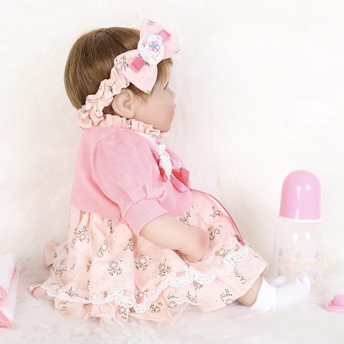 ENADOLL Reborn Baby Doll Realistic Silicone Vinyl Baby Pink Hairband Girl 16 inch Weighted Soft Body Lifelike Doll Gift Set for Ages 3+(Pink Hairband)