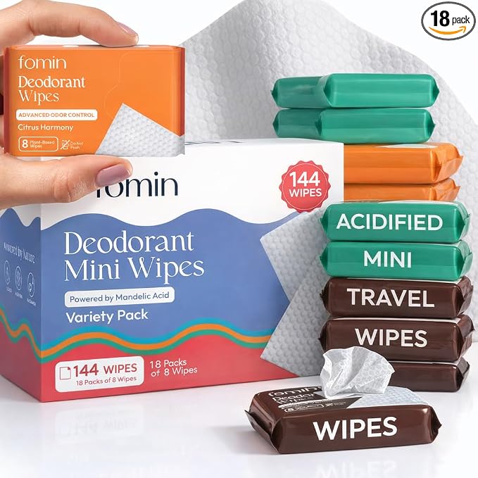 FOMIN Acidified Travel Deodorant Mini Wipes For Women & Men- Variety Pack - 144 Count - pH Balanced, Biodegradeable Mini Deodorant Travel Size Wipes - Plastic-Free, Underarm Body Wipes