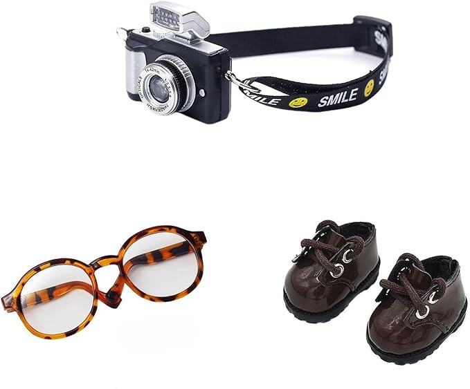 3pcs Doll Accessories Set Included Mini Glasses, Camera and Shoes for 17cm Doll, Dress Up Accessories Mini Costume Supplies for for 6.7 Inches Dolls (Set of Brown)