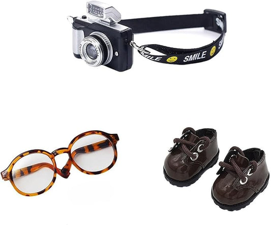 3pcs Doll Accessories Set Included Mini Glasses, Camera and Shoes for 17cm Doll, Dress Up Accessories Mini Costume Supplies for for 6.7 Inches Dolls (Set of Brown)