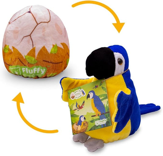 Blue Macaw (Parrot) - Reversible Stuffed Animal, Small Plushies - Soft & Cuddly Plushie - Sensory Toy, Eco Friendly, Educational - Egg to Blue Macaw - kids Pushies – Coloring TAG - Gift for All Ages