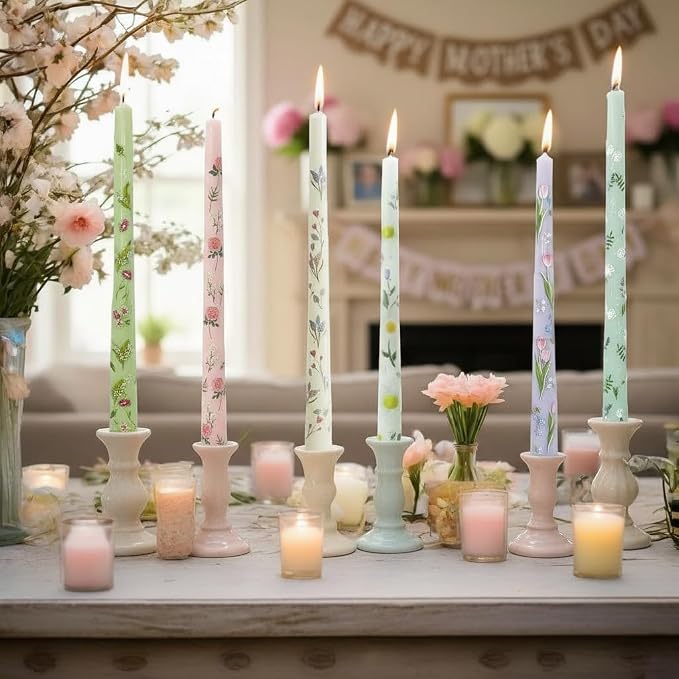 Floral Toile Candle Sticks Print Smokeless Candlessticks 6 Pack Handmade Pastel Candle 10 inches Long Flower Tapered Candles for Dining Living Room Mantel Cozy Hygge Ambiance Everyday Home Decor