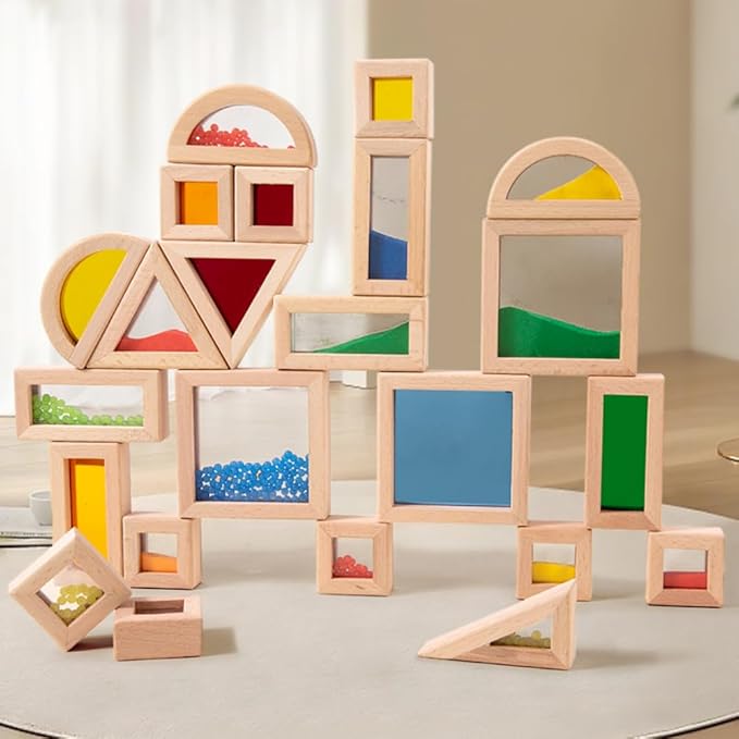 Rainbow Sensory Toys Blocks,15 Pcs Large Wooden Building Blocks for Toddlers Baby Kids,Colorful Geometric Stacking Toys, Preschool Educational Toy Set