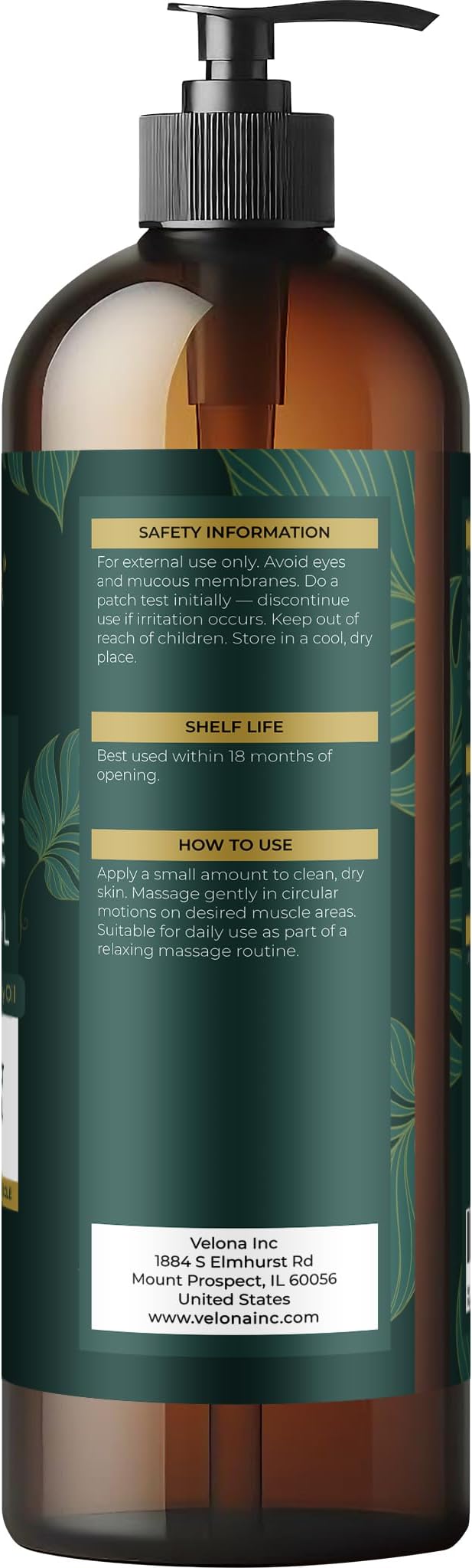 velona Sore Muscle Massage Oil – 16 Fl Oz | Arnica & Chamomile | Muscle & Joints Massage Therapy | Moisturizing, Refreshing & Relaxing Body Oil | Professional Spa & Home Massage