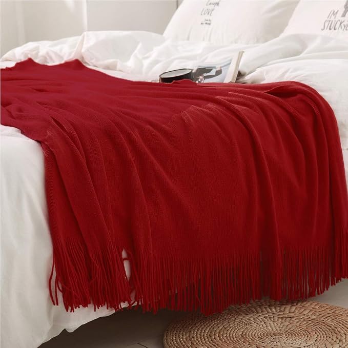 Homiest Red Knitted Throw Blanket with Fringe, 50x60 Inch | Pure Acrylic, Lightweight & Breathable, All-Season Use, Machine Washable, Wrinkle & Fade Resistant, for Couch Sofa And Bed