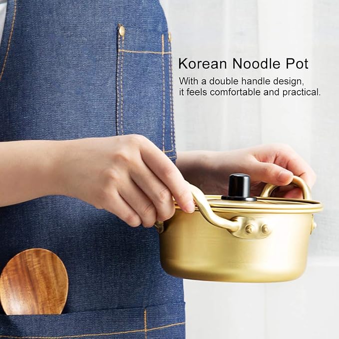 Korean Ramen Noodle Pot,Aluminum Alloy Double Handle Korean Instant Noodles Pot Korean Noodle Cooker Stockpot Cooking Pot with Lid Kitchen Cookware for Soup Pasta Egg (20cm)