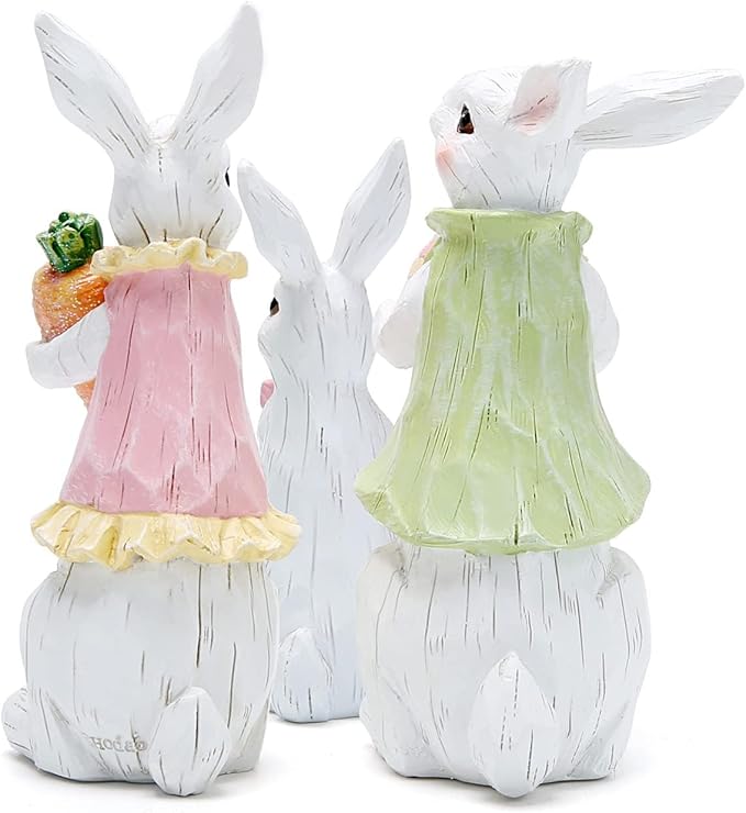 Hodao Easter Bunny Family Figurines, Hand-Painted Resin Rabbit Decor Set with Carrot, Flower & Easter Egg, Rustic Farmhouse Spring Tabletop Decorations, Cute for Home, Shelf, Mantel