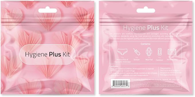 Hygiene Plus Period Kit with Disposable Underwear (Medium) – Menstrual Kit with Tampon, Pad & Pantyliner – Feminine Hygiene Kit for Girls, Teens & Women (Pink Shells)