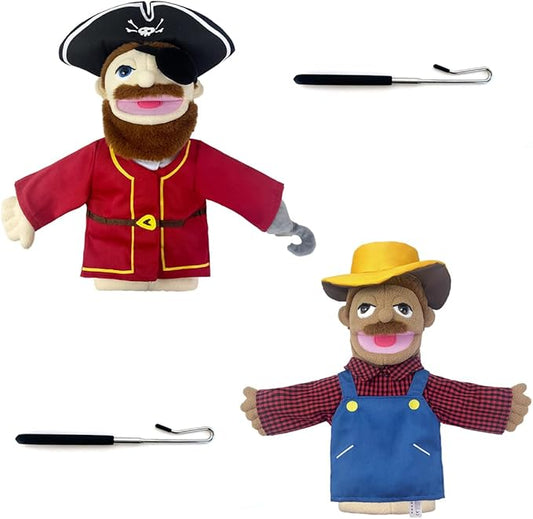 Professional Hand Puppets,2pcs Pirate Puppet and Farmer Hand Puppet for Kids Role Play,Teaching Puppet Stuffed Toys Character Puppets with Movable Mouth（02-Pirate&Farmer）