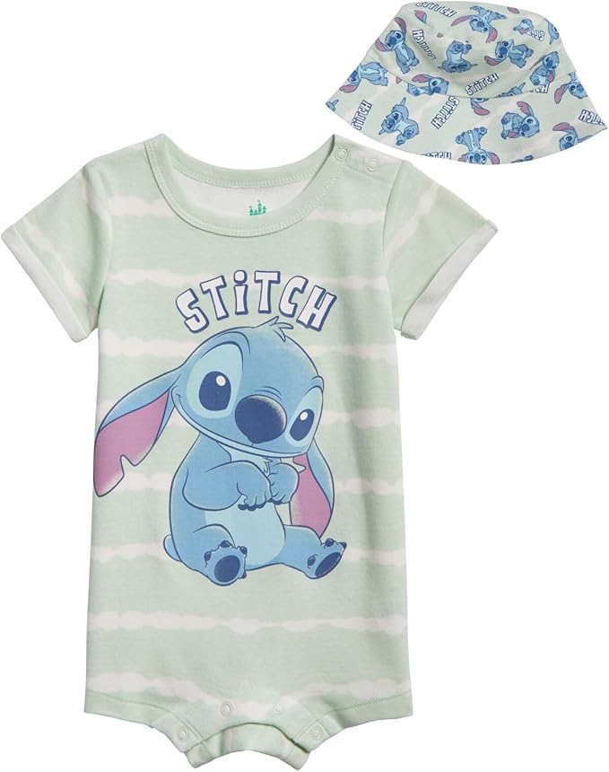 Disney Baby Romper and Reversible Bucket Sun Hat Outfit Set Newborn to Infant Sizes (Newborn - 24 Months)