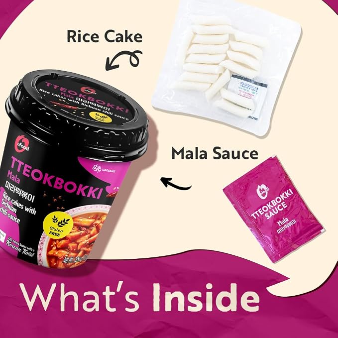 Spicy Cup Tteokbokki Instant Rice Cakes Korean – [Mala (Tingly Sichuan Spice) | Pack of 6] – Ready in 3 Minutes | Gluten-Free, Chewy, Quick & Easy Meal | Street Food Snack | 0 Cholesterol/ 0 Trans Fat - O’food