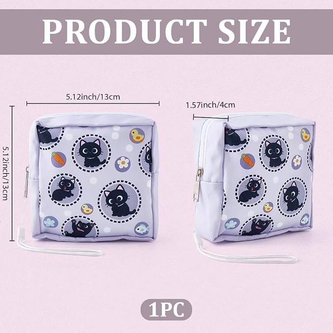 Cat Period Bag 5.12 x 5.12 x 1.57 Inch Period Zipper Pouch Black Cat Portable Reusable Waterproof Polyester Menstrual Pad Pouch Feminine Product Storage First Period Gifts for Women Use
