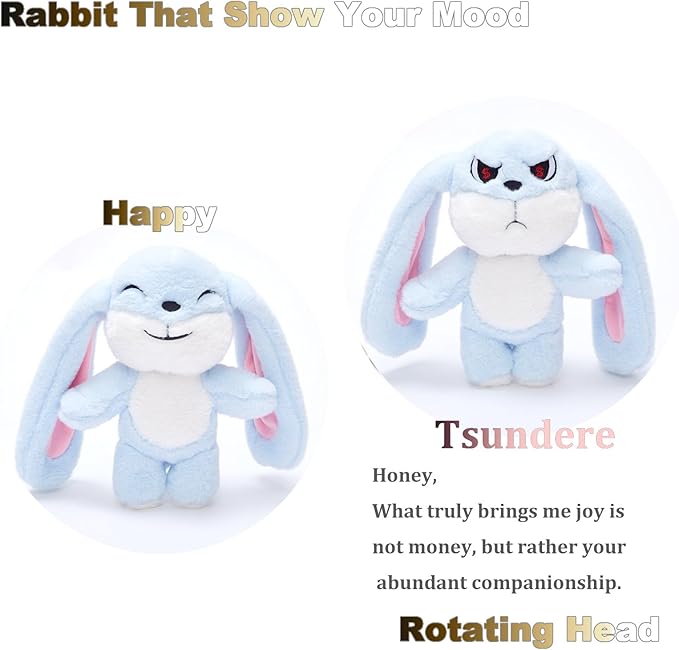 Bunny Plush Toy Stuffed Animal Funny Rotating Head Rabbit Plush Pillows Toy Cute Sensory Soft Stuffed Animals Doll That Show Your Mood Stuffed Bunny For Easter Christmas Birthday Gift，11in(Blue)