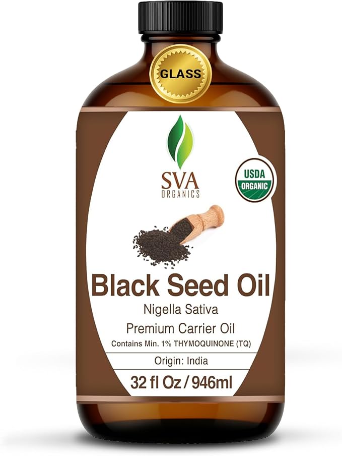 SVA Black Seed Oil Organic - 32 Fl Oz – 100% Natural Cold Pressed Organic Black Seed Oil - for Face, Skin Care, Hair Care, Scalp Massage & Body Massage – Carrier Oil