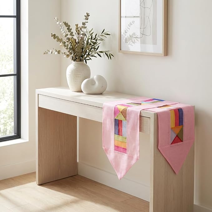 Korean Bojagi Ramie Table Runner 79", Patchwork Dining Decor, Pastel Pink | Bring the timeless beauty of Korean Bojagi patchwork into your home.