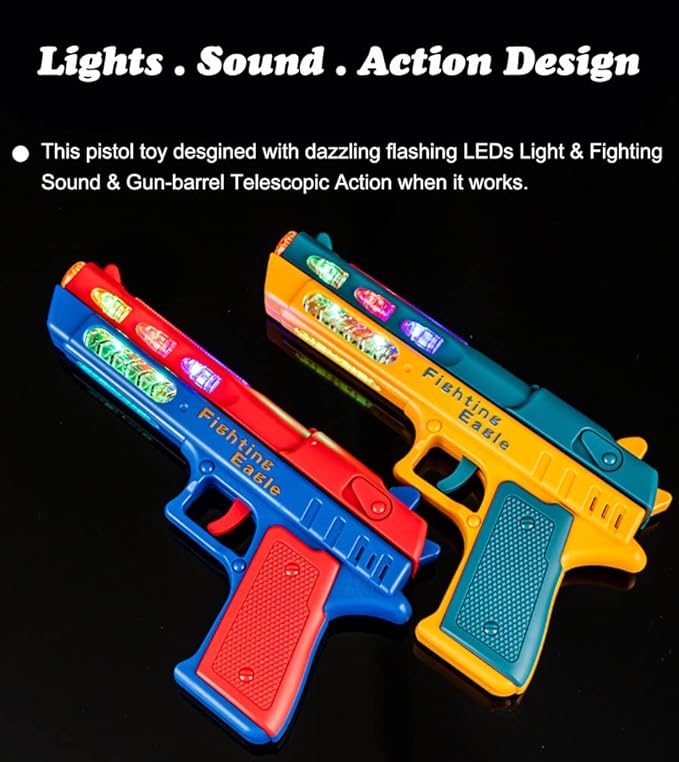 Light Up Pistol Toy - Hand Gun Toys with Dazzling Electric LEDs Light & Fighting Sound & Unique Telescopic Action, Great Party Favor, Gifts for Boys and Girls (Batteries Not Included) (Blue/Red)