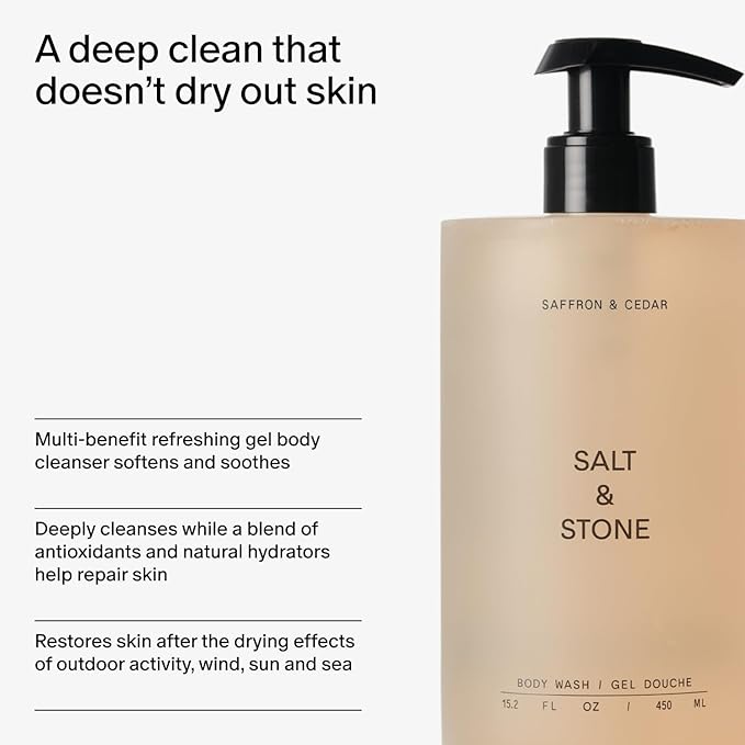 Salt & Stone Body Wash with Antioxidants for Deep Moisture | For Women & Men, Sulfate, Paraben, & Dye Free, Leaving Skin Soft and Hydrated | Saffron & Cedar Refill 32 fl oz