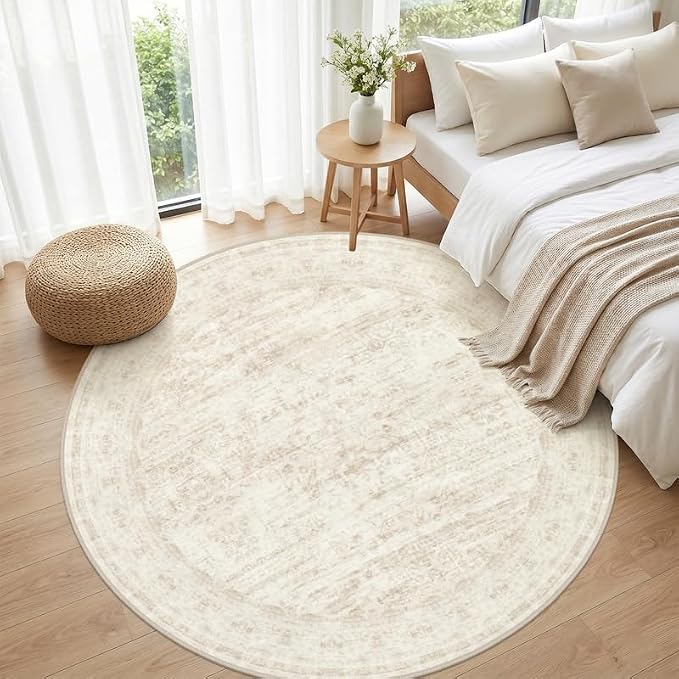 Round Area Rug for Living Room: 6ft Vintage Boho Neutral Washable Circle Rug Soft Large Circular Carpet for Bedroom Nursery Farmhouse Dining Room Office Floor Non-Slip Low Pile Under Table Retro Beige