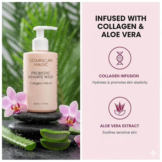 DOMINICAN MAGIC Probiotic Intimate Wash | Natural Collagen & Aloe Vera | pH Balancing Feminine Wash for Intimate Health & Hygiene | Fragrance-Free & Gentle for Sensitive Skin | Colágeno Natural (1)