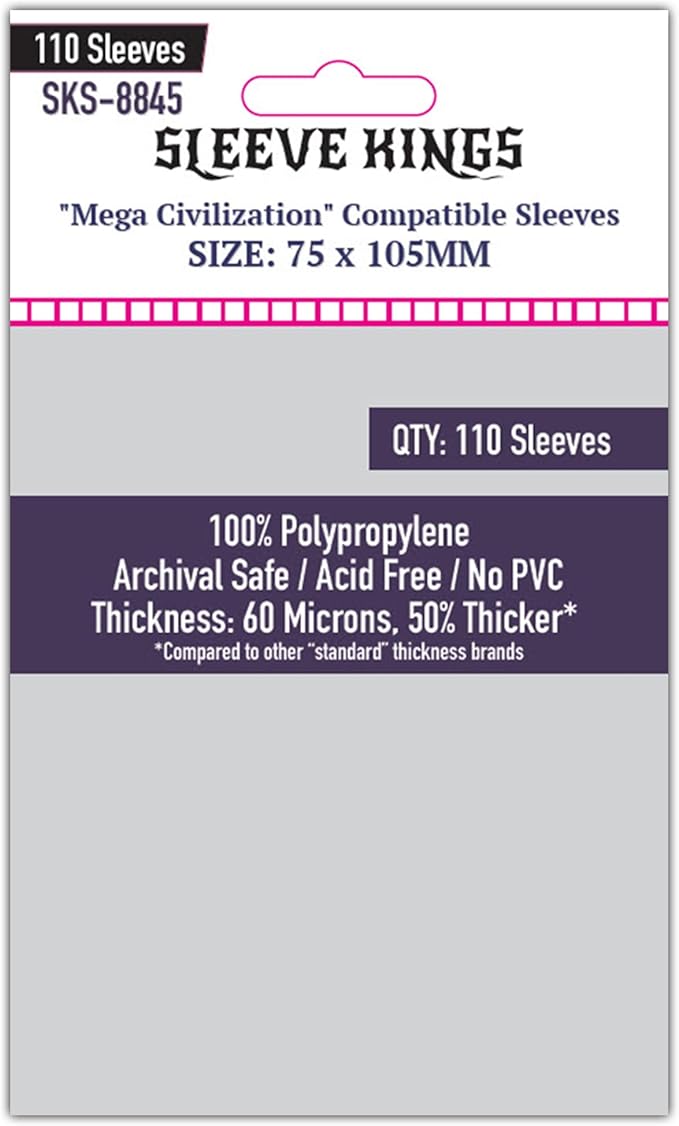 Sleeve Kings Standard Card Sleeves – 110 Count, Clear 60 Micron Thickness, Large Size (75 x 105 mm), Compatible with Mega Civilization & More – SKU: SKS-8845
