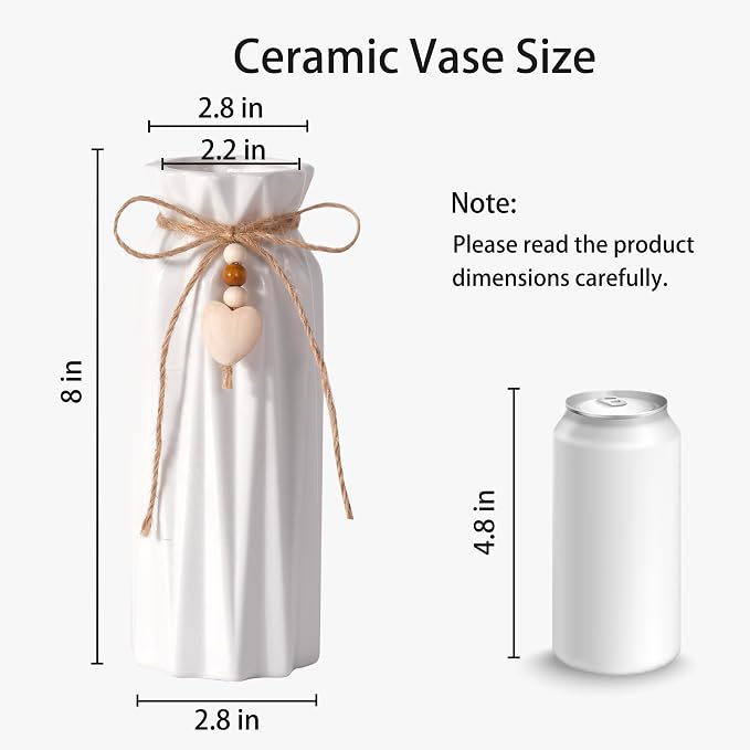 Elegant 8 Inch Ceramic Vase with Geometric Pattern, Decorative Vase with Jute Rope & Heart Charm for Home Décor, Table Centerpieces, and Gifts, Ideal for Living Room, Bedroom, and Office