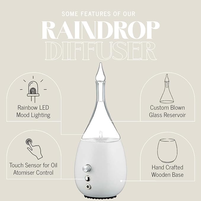 Raindrop 3.0 Nebulizing Diffuser for Essential Oil/Aromatherapy by Organic Aromas with Touch Sensor and MagConnect-Style Electrical Cord and Adapter. (White)