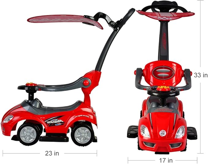 ChromeWheels 3 in 1 Ride on Toys Pushing Car with Removable Sun Visor, Mega Car for Toddlers w/Handle & Horn & Music, Color Red
