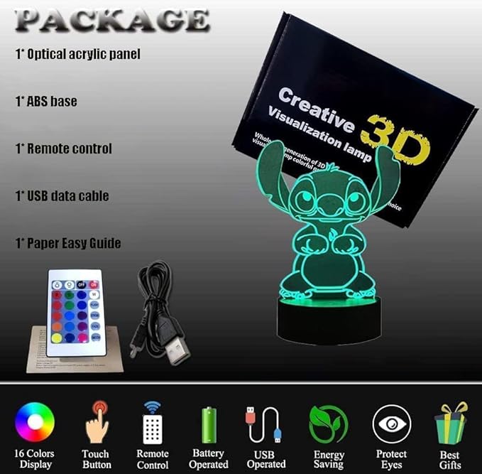 3D Illusion Night Light, 16 Color Night Light - 3D LED Intelligent Remote Control Lamp for Children's Room Decoration and Children's Gifts