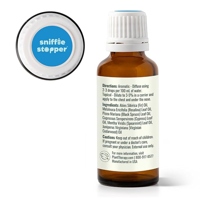 Plant Therapy Kids Sniffle Stopper Essential Oil Blend 30 mL (1 oz) Respiratory Support Blend, Breathe Easier, Chest Rub, 100% Pure, Undiluted, Natural Aromatherapy