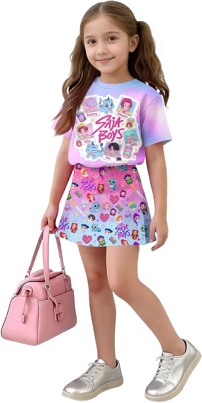 HTHLVMD K Pop Short Sleeve T-Shirt and Skirts Outfits Set for Girls Hunters Rumi Mira Zoey Graphic Tees De-Mon Costume