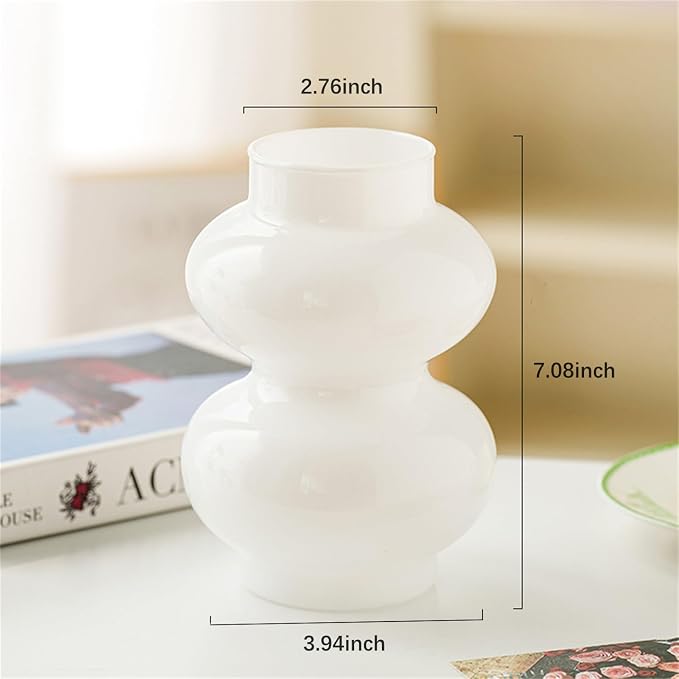 JSPYFITS Glass Hydroponic Flower Vase, Double Balls Colored Glasses Bubble Vases for Flower, 7 Inches Glass Funky Vase for Home/Office/Weddings/Party Table Décor (White)