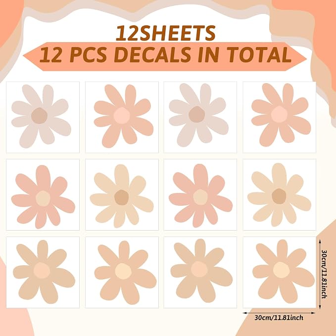 TaoBary 12 Sheet Daisy Wall Sticker Decal,Light Color,Bobo Style | Big Flower Wall Sticker, Pink White Floral Decal, Daisy Bedroom Room Decor, Removable Peel and Stick, Nursery Home Wall Decor