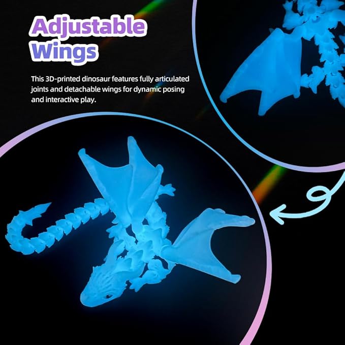 3D Printed Dragon with Wings,3D Printed Animals Toys, Fidget Dragon Toys, Flexible Articulated Winged Crystal Dragon Model,Desktop Pet Deco (Luminous-Blue)