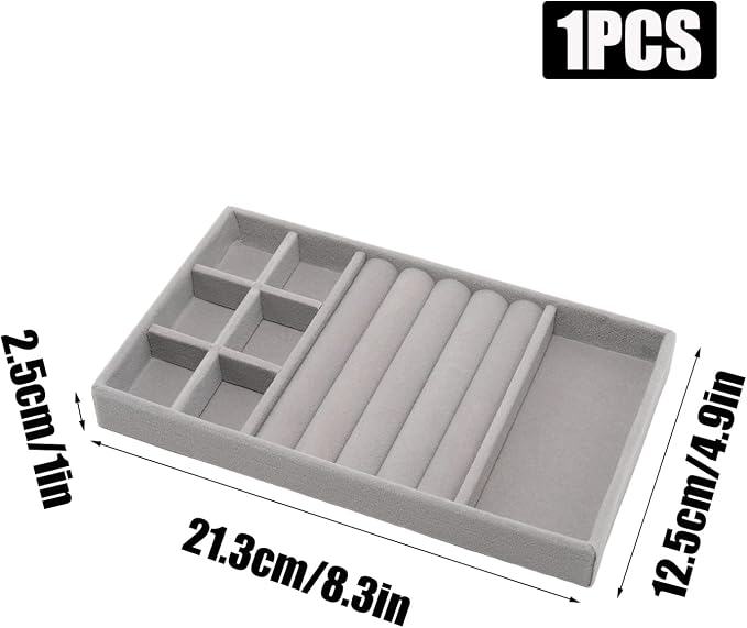 Velvet Jewelry Organizer Tray, Gray 3-in-1 | Stackable Jewelry Storage Display Tray with Removable Dividers for Drawer Dresser Cloest Organizer